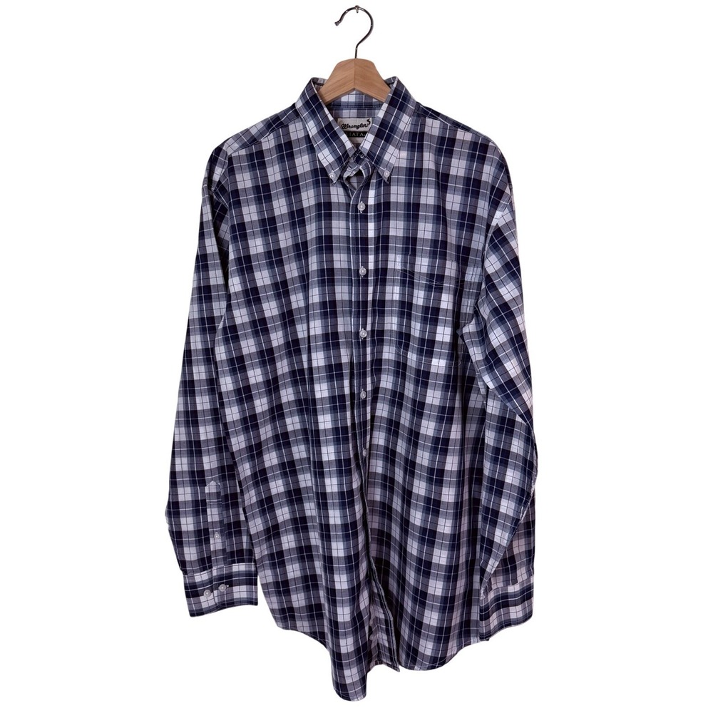Wrangler Riata Classic Blue Plaid Long Sleeve Button Down Shirt Men's Tall L